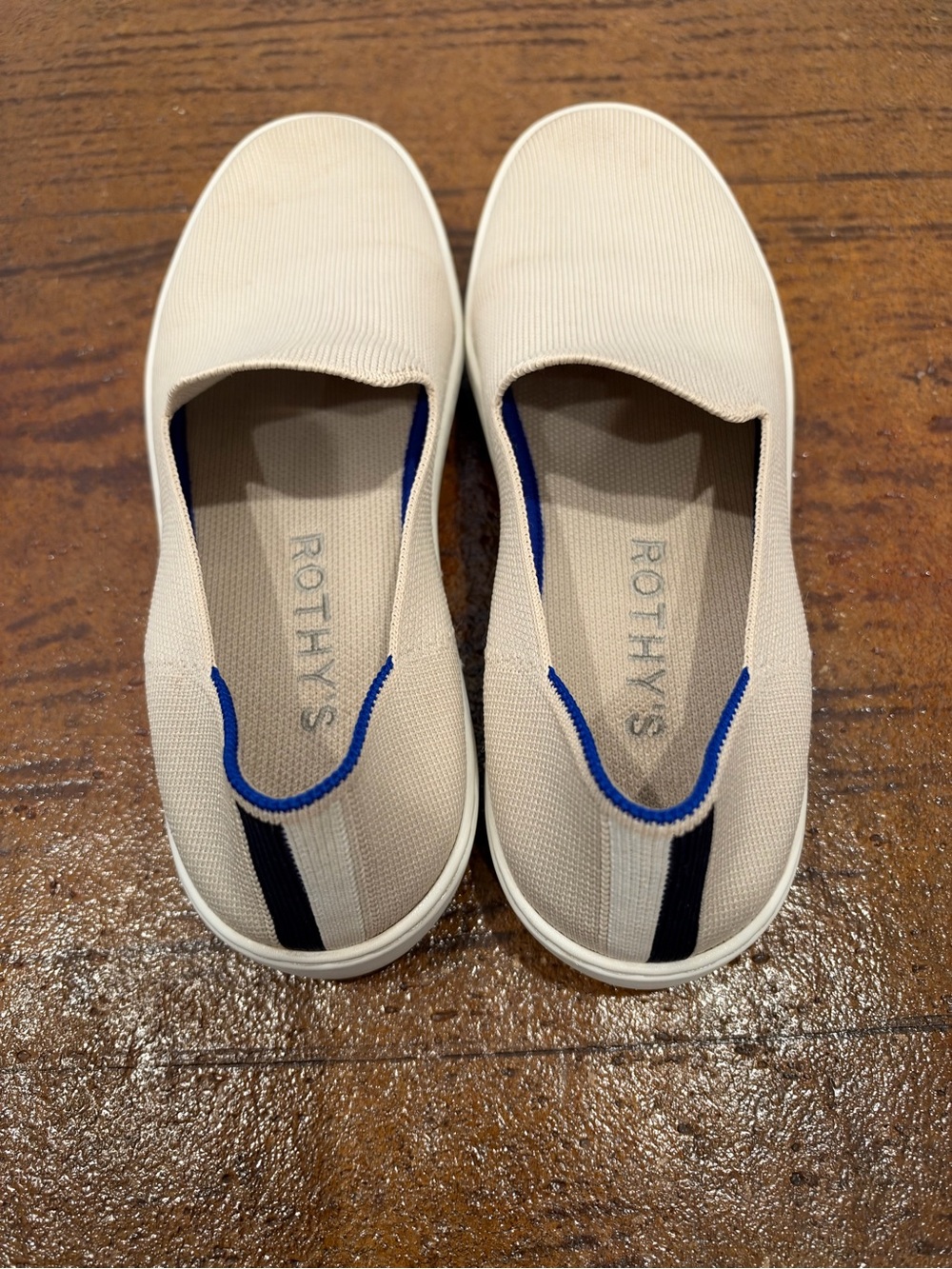 Rothy's Slip-On Knit Flats in Beige with Navy and Blue Trim